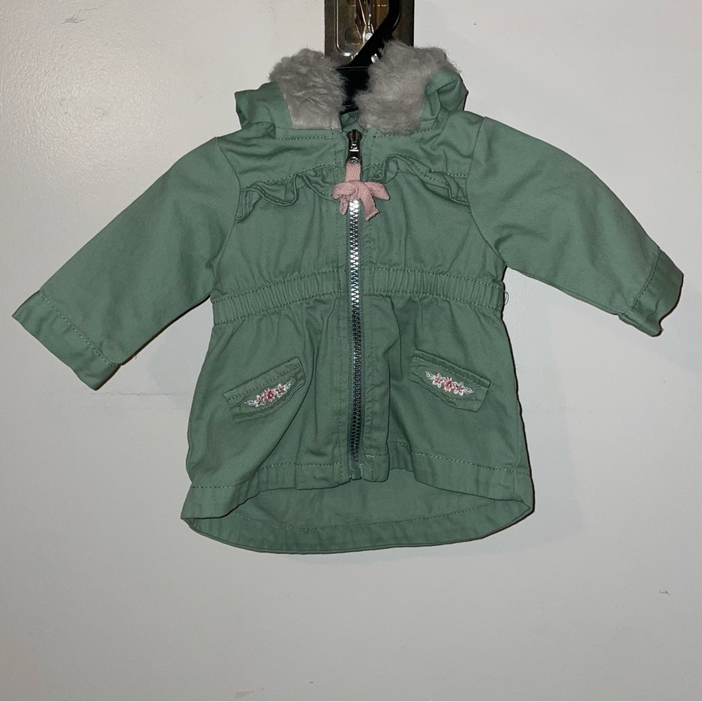 Green Baby Hooded Parka with Faux Fur Trim